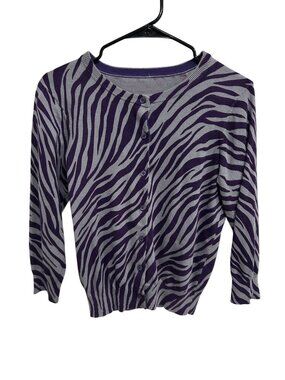 Womens Purple Gray Zebra Print Button-Up Cardigan Long Sleeve Boho Maximalist